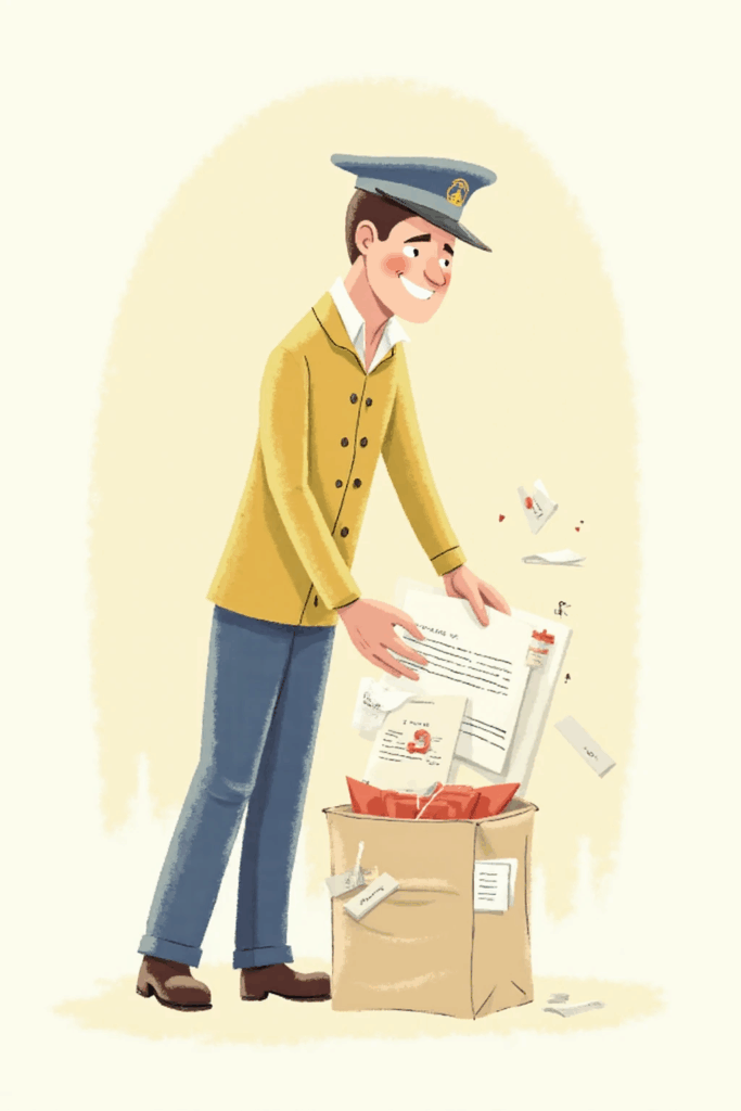 Facteur souriant déposant des diplômes et des lettres dans une boîte aux lettres — illustration symbolique du job alimentaire après un diplôme.