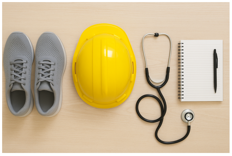 Objets symbolisant différents métiers : chaussures de sport, casque de chantier, stéthoscope et carnet, pour illustrer la reconversion professionnelle multiple.
