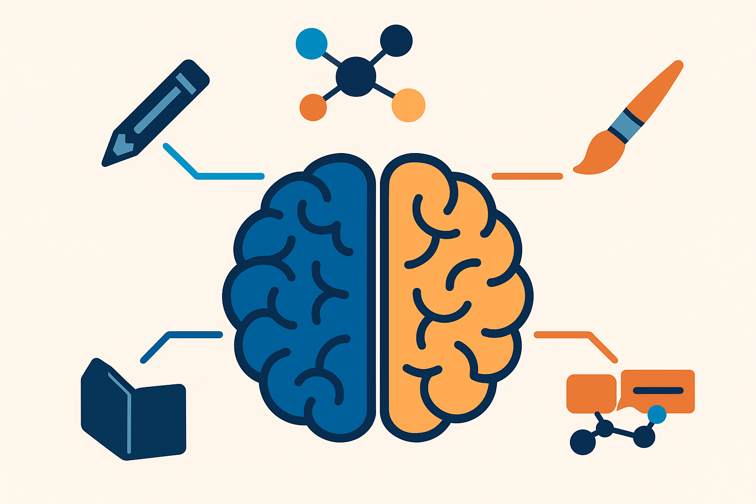 Cerveau stylisé illustrant la créativité visuelle et les méthodes de prise de notes comme le mindmapping et le sketchnoting.