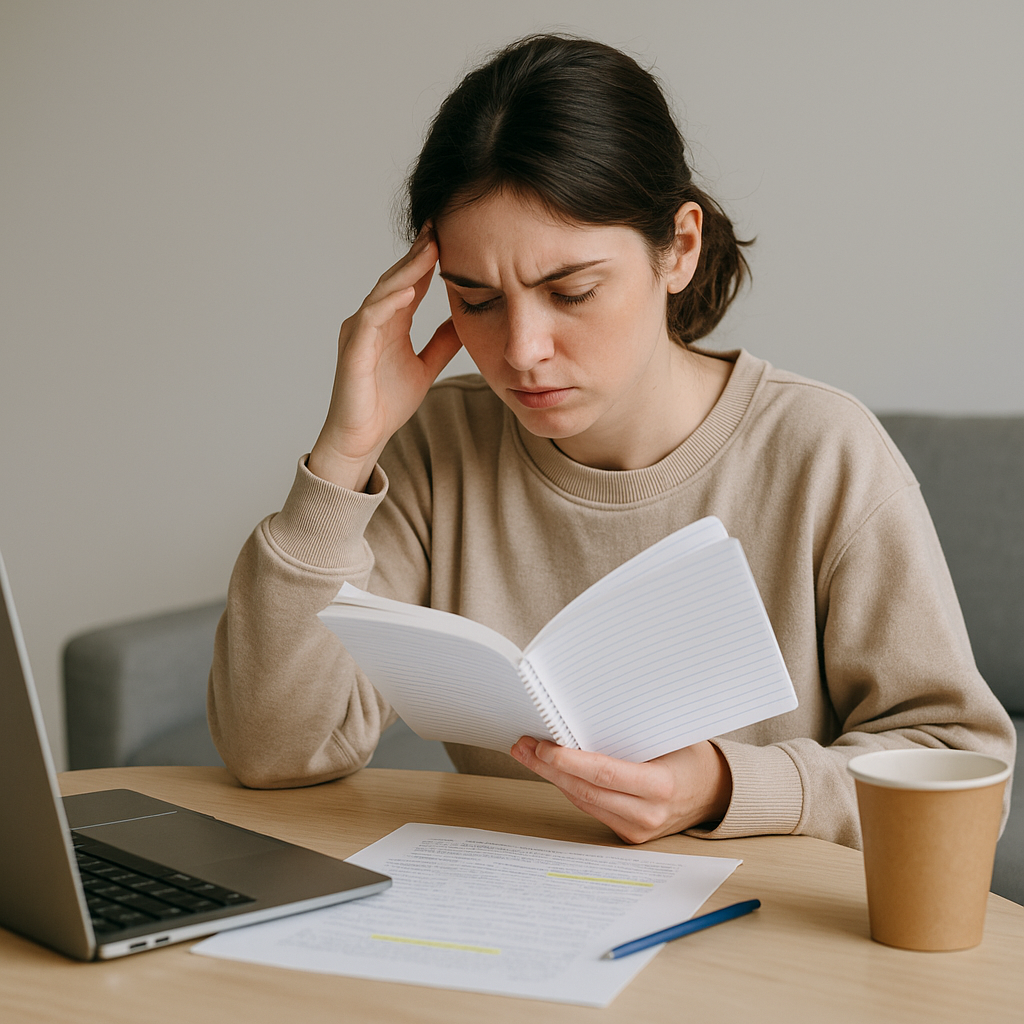Étudiante concentrée devant ses notes, essayant d’apprendre une leçon, symbole des difficultés d’attention liées au TDAH.
