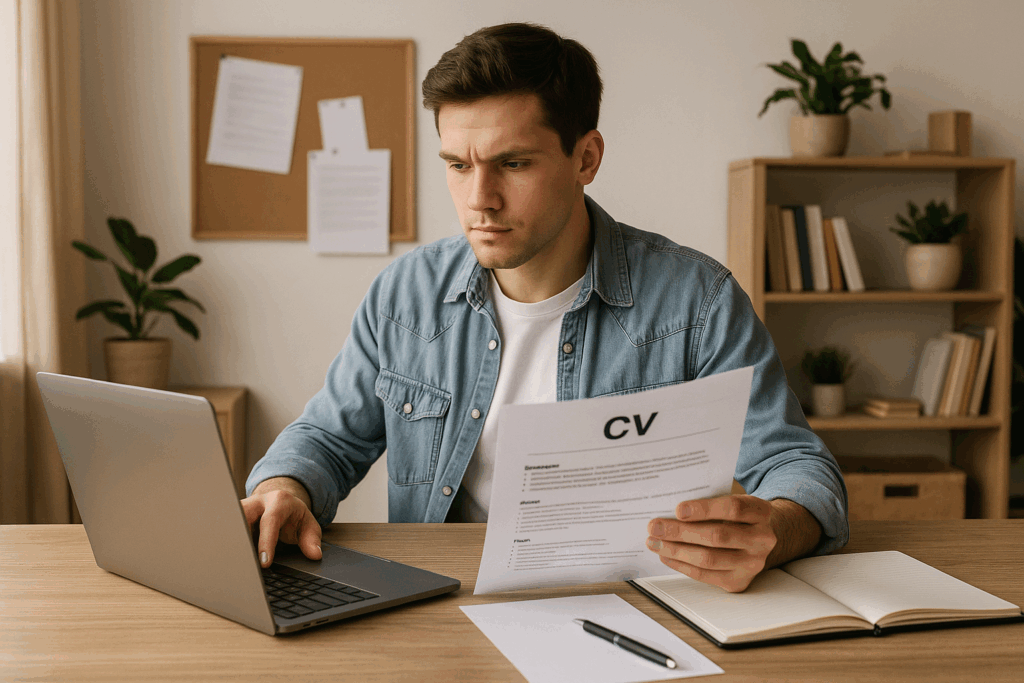 Jeune homme concentré préparant son CV sur ordinateur, symbolisant la rédaction d’un premier CV sans expérience.
