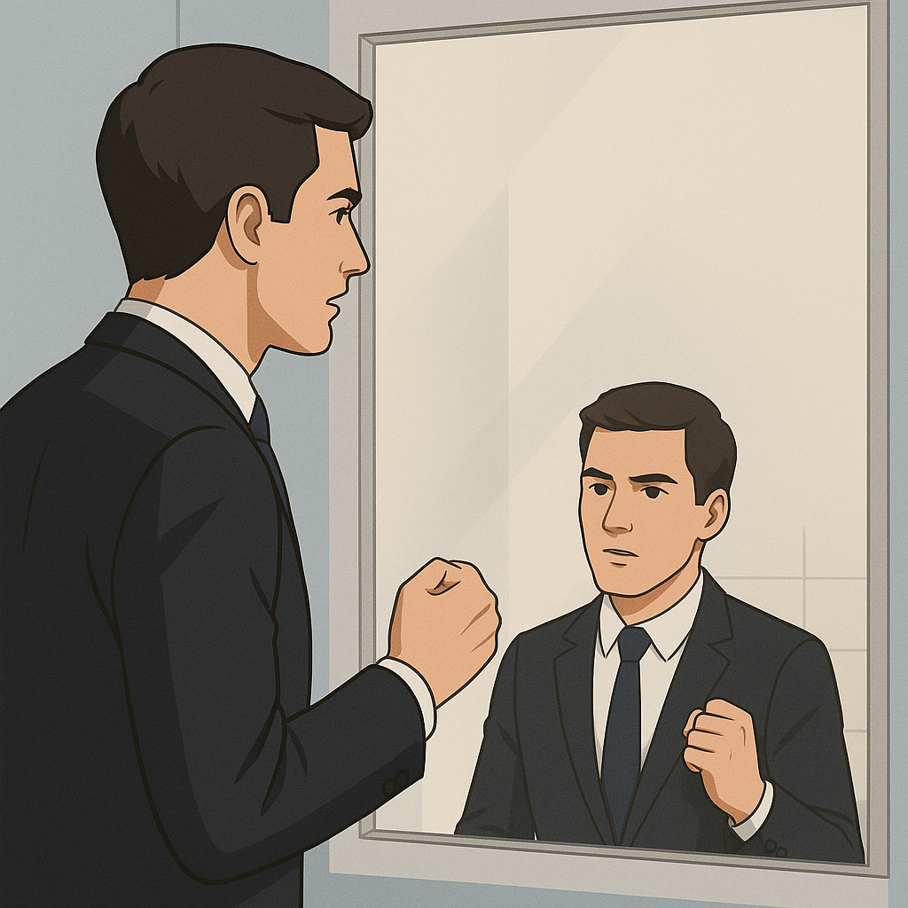 Candidat qui se prépare à un entretien d’embauche devant un miroir, symbole de confiance et de préparation professionnelle.