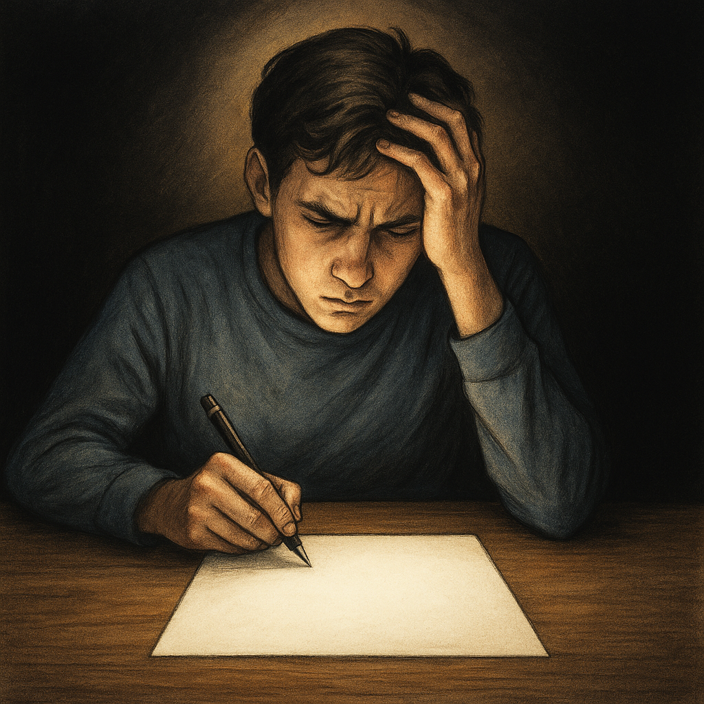 Élève devant une feuille blanche, stressé par la rédaction à commencer.