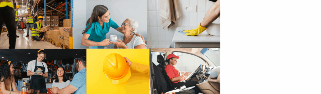 Illustration représentant différents métiers manuels et accessibles sans diplôme — ouvrier, chauffeur, préparateur de commandes, aide à domicile — article ApprentiBoss “Top 10 des métiers bien payés si t’aimes pas étudier”.