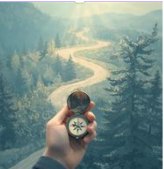 Route sinueuse vue du ciel et boussole dans une main, symbolisant la recherche de sens et la création de sa propre voie — illustration de l’interview d’Isabelle Servant sur l’Orientation Positive.