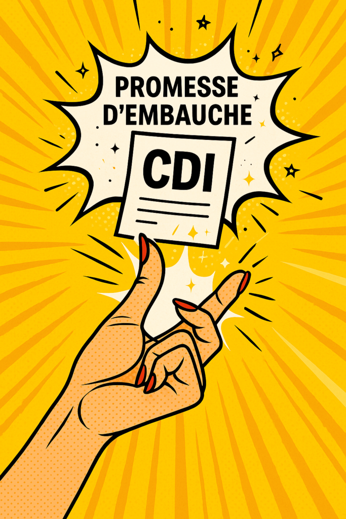Main en style pop-art claquant des doigts, faisant apparaître une promesse d’embauche CDI.