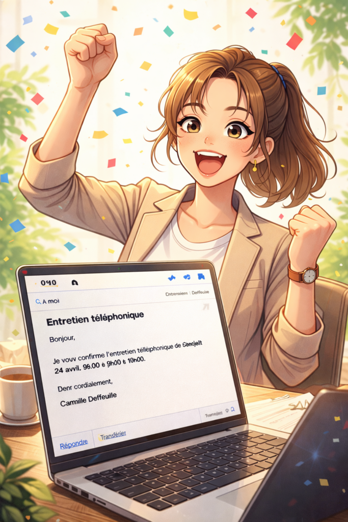 Illustration d’une candidate heureuse recevant un mail de confirmation d’entretien d’embauche après avoir décroché plusieurs rendez-vous