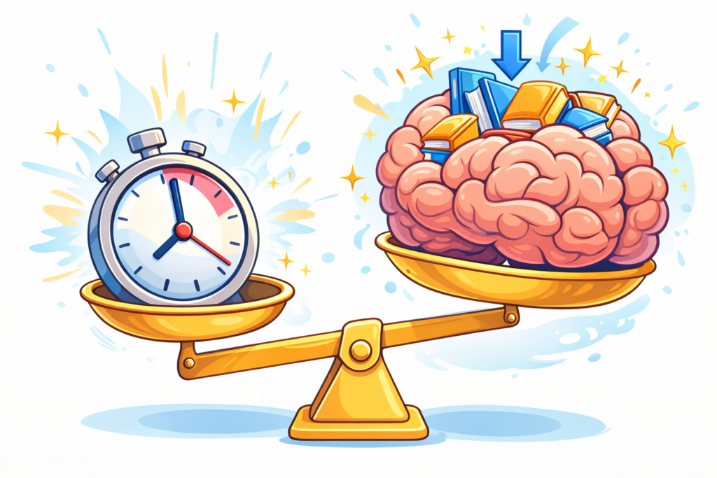 Balance avec un chronomètre et un cerveau qui se remplit de connaissances, illustrant des révisions plus efficaces.