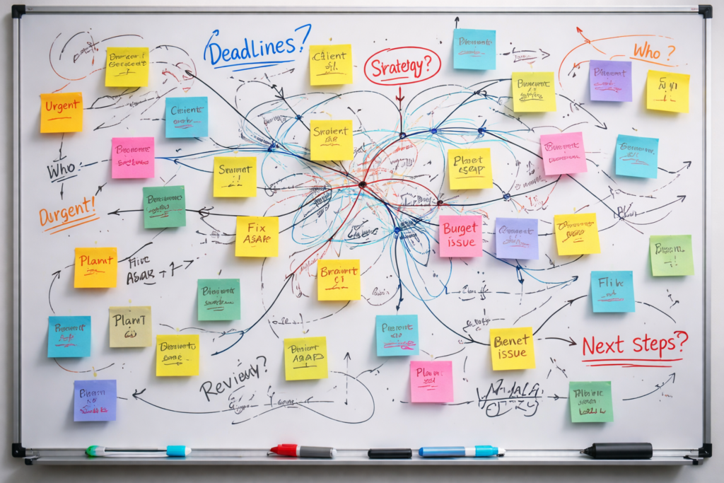 Tableau blanc rempli de post-its et de flèches montrant une organisation d’équipe chaotique souvent confondue avec un manque de motivation